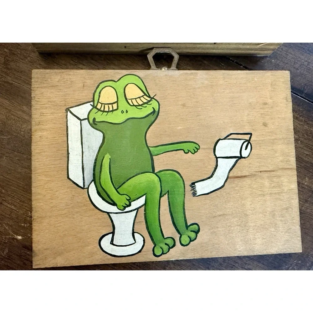 Vintage Frog Bathroom Wall Art Set Wood Hand Painted Bath Decor 3pc